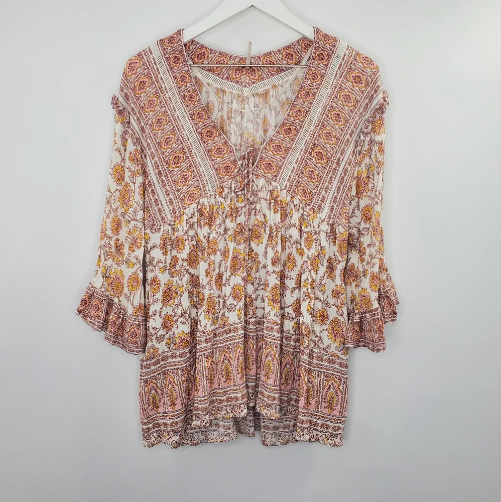 Free People Moonlight Dance Flowy Tunic Top Floral Boho V Neck Crochet Trim_2